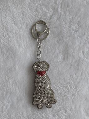 Silver Rhinestone Dog Keychain with Red Collar Beautiful Bling Bag Charm